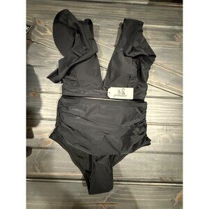 Black Ruffled Two - piece Swimsuit By Sporlike V-Neck Womens Small